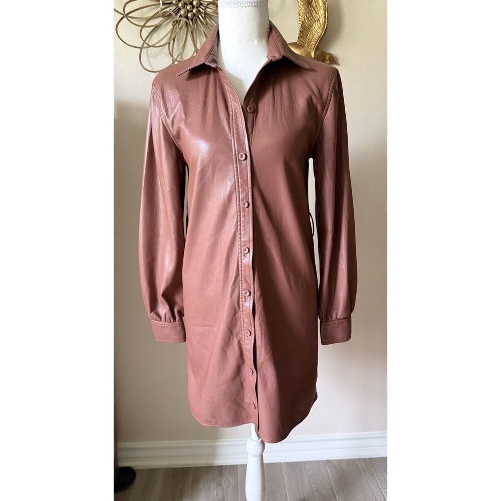Wilfred Aritzia Vegan Leather Shirt Dress 2XS Cognac Brown Belted Mini